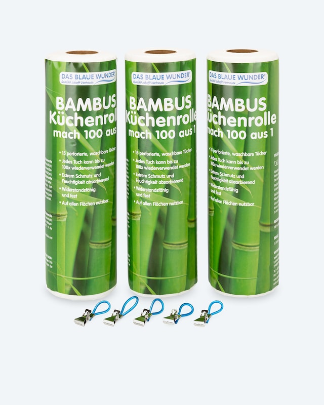 Bambus Küchenrolle, 3er Set + 5 Clips