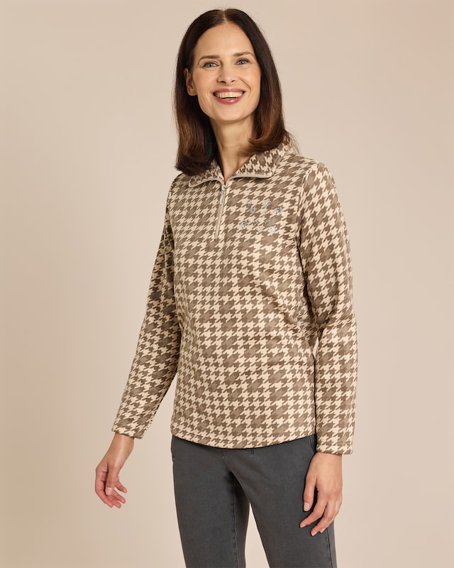 Strickfleece Pullover mit Hahnentritt