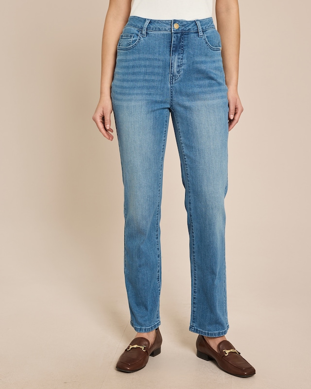 Straight Leg Jeans mit bedrucktem Futter und Stickerei