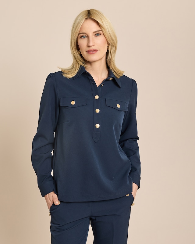 Bi-Stretch Blusenshirt mit Goldknöpfen