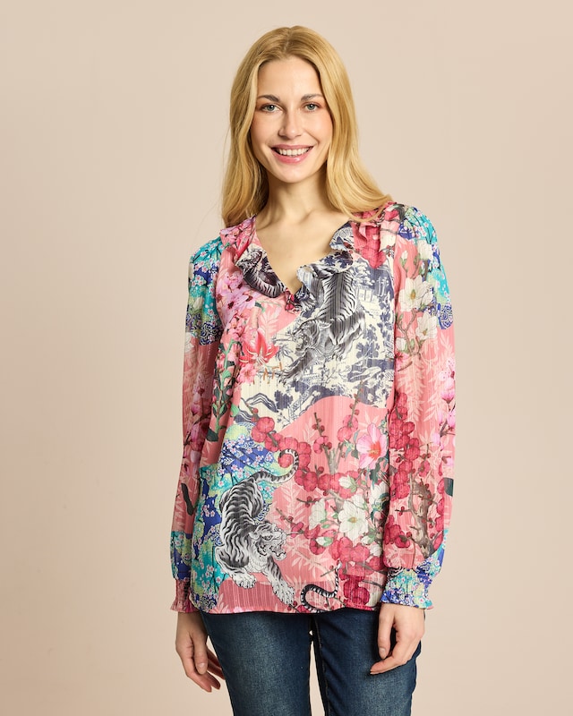 Bluse mit Druck Volant-Besatz