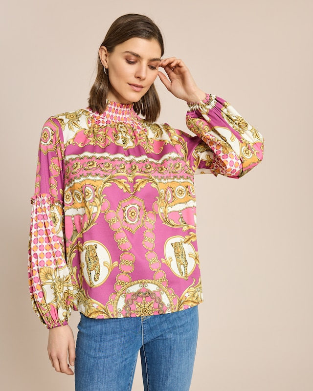 Bluse gesmokter Kragen & Ärmelsaum