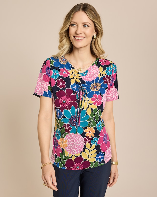 Shirt mit Raffung am Ausschnitt und Blumendruck