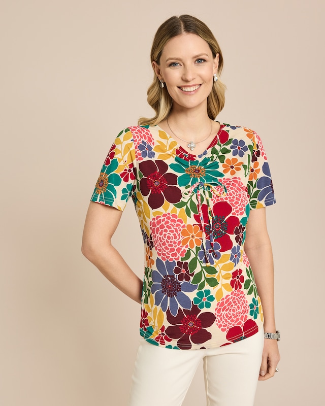 Shirt mit Raffung am Ausschnitt und Blumendruck