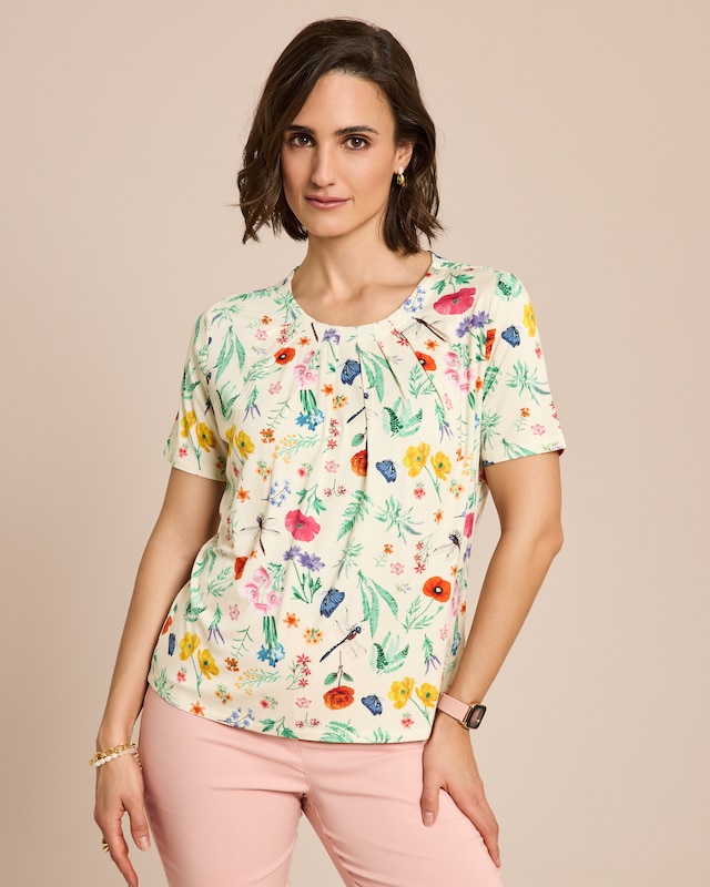 Shirt Blumenwiese mit Raffung am Ausschnitt