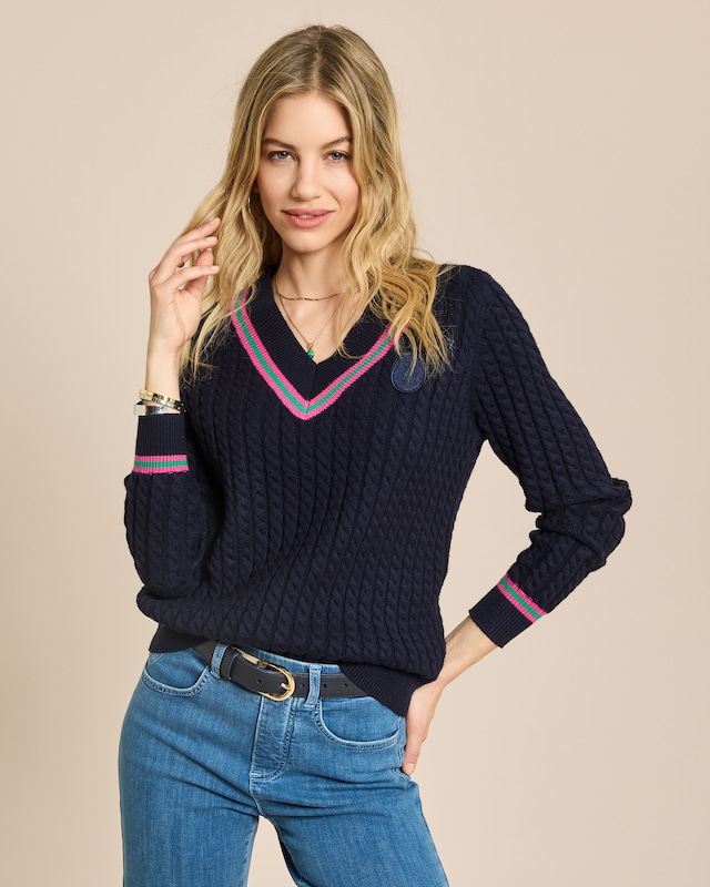 College Pullover mit V-Ausschnitt