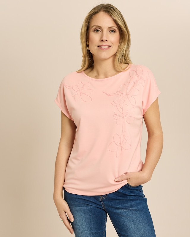 Shirt mit tonaler Blütenstickerei