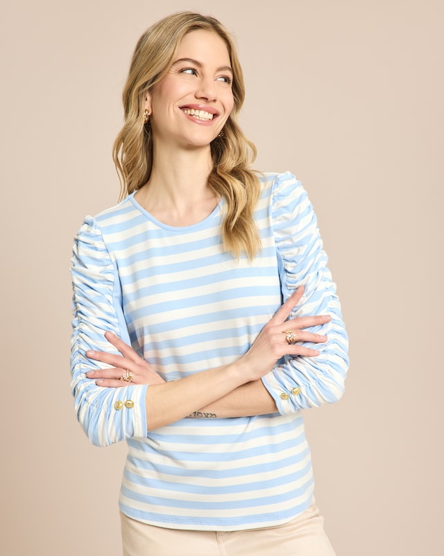 Gestreiftes Shirt mit gerafftem Ärmel