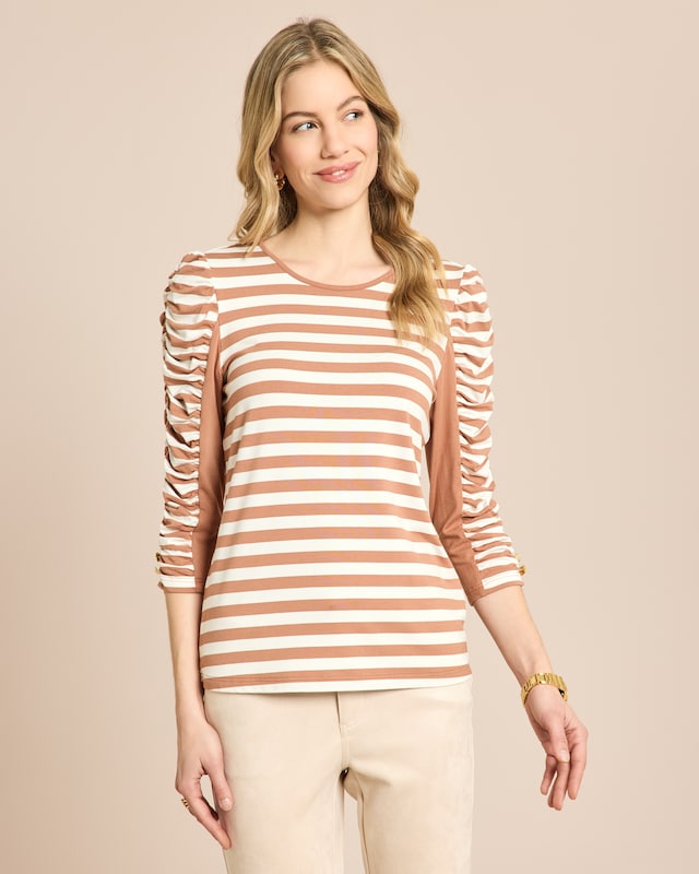 Gestreiftes Shirt mit gerafftem Ärmel